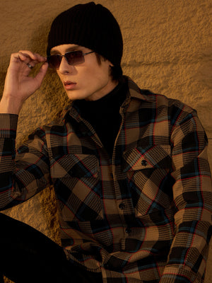 Brown & Black: Oversized Cotton Checked Shacket
