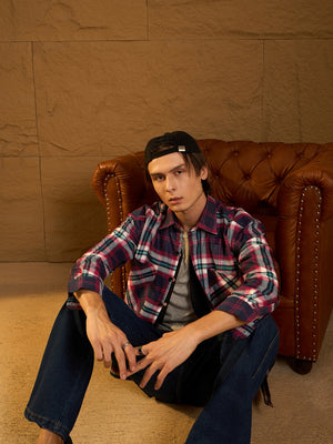 Red double pocket oversized shacket front view