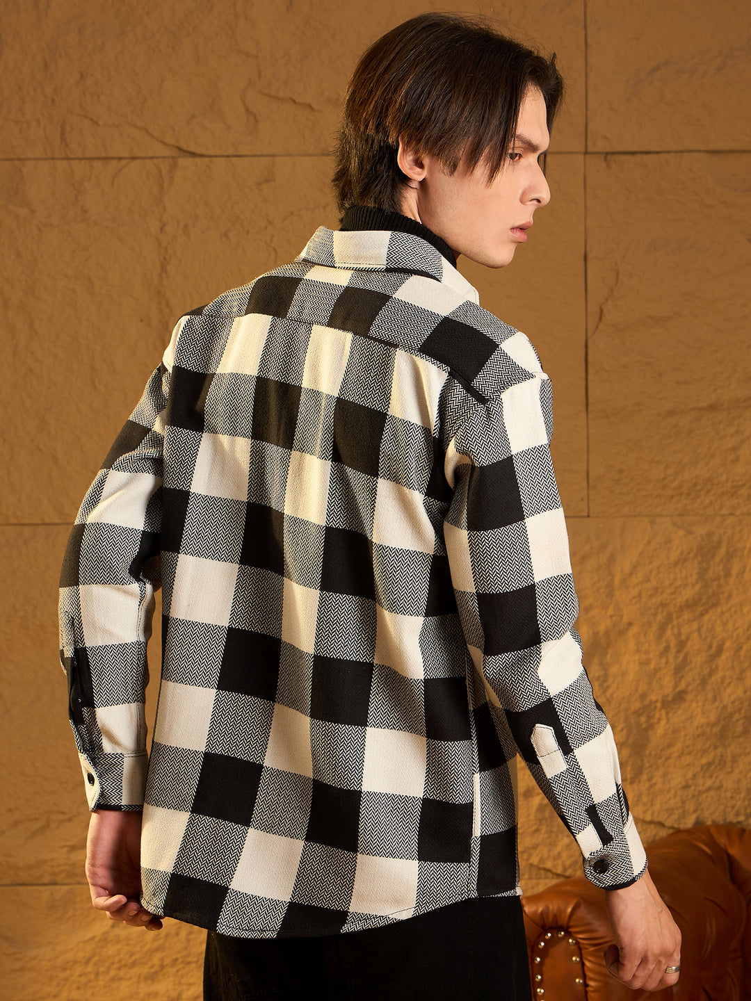 Double Pocket Drop Shoulder Oversized Cotton Checked Shacket