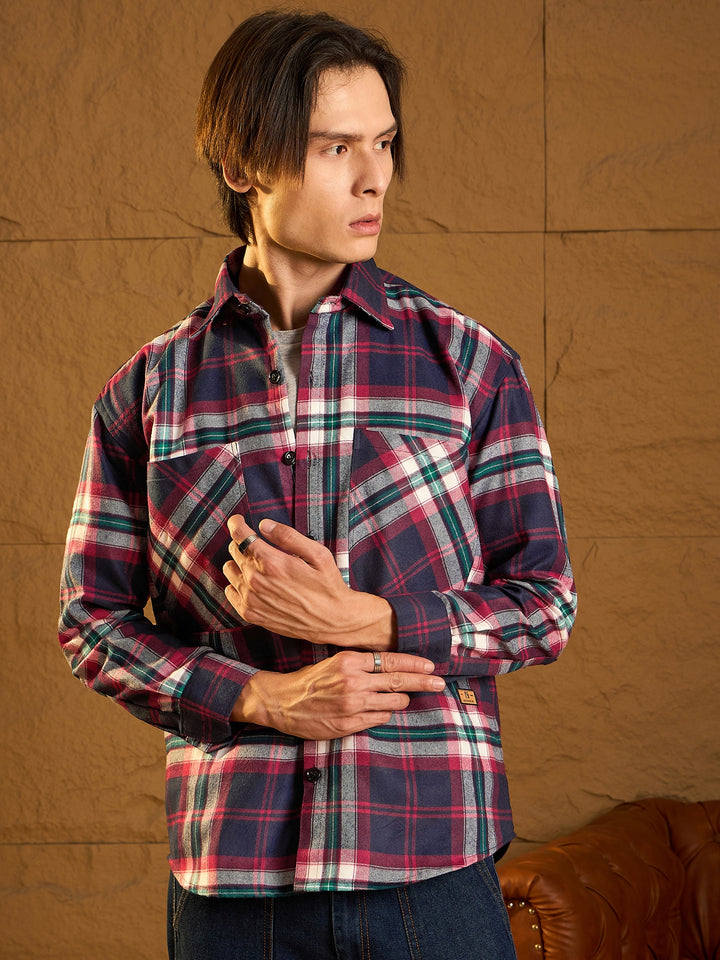 Double Pocket Drop Shoulder Oversized Checked Shacket