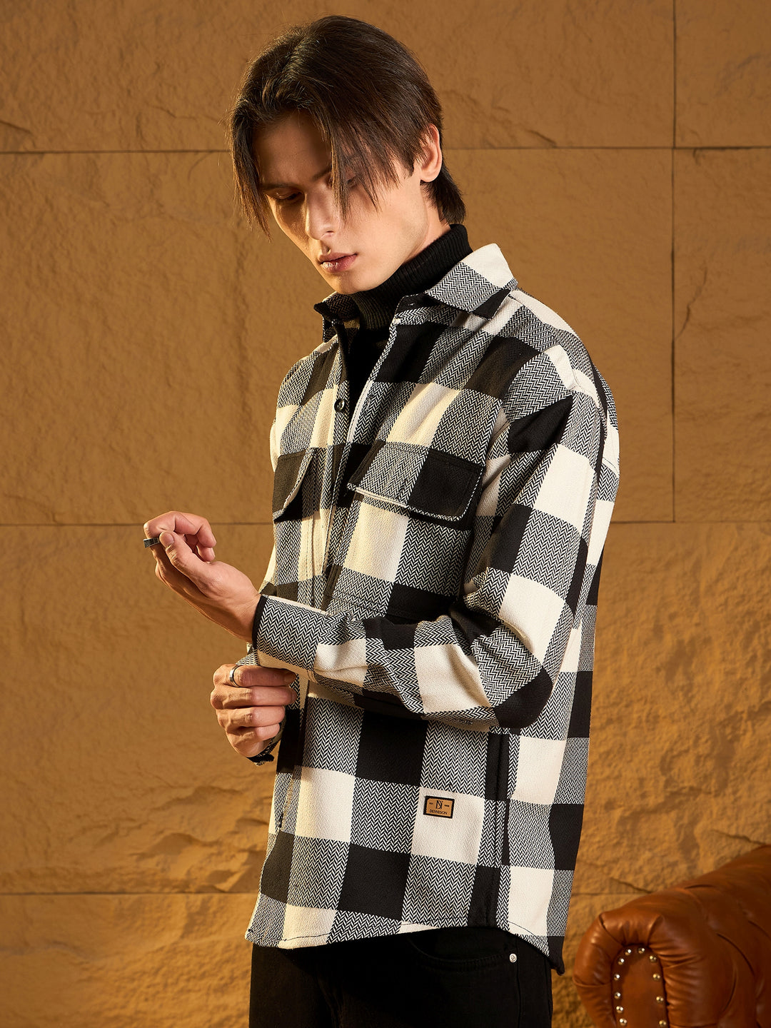 Double Pocket Drop Shoulder Oversized Cotton Checked Shacket