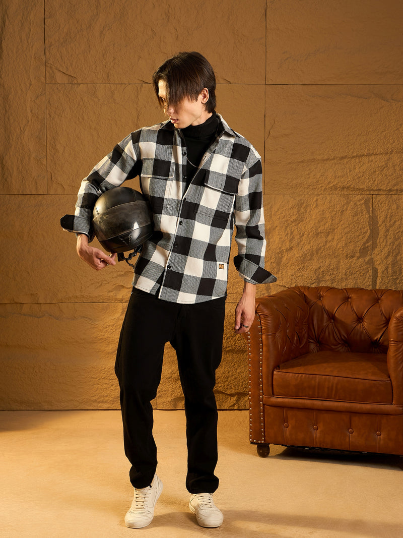 Double Pocket Drop Shoulder Oversized Cotton Checked Shacket
