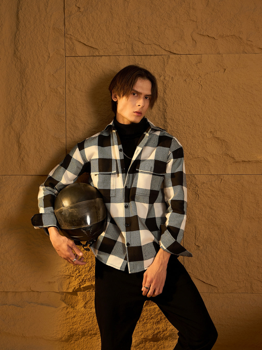 Double Pocket Drop Shoulder Oversized Cotton Checked Shacket