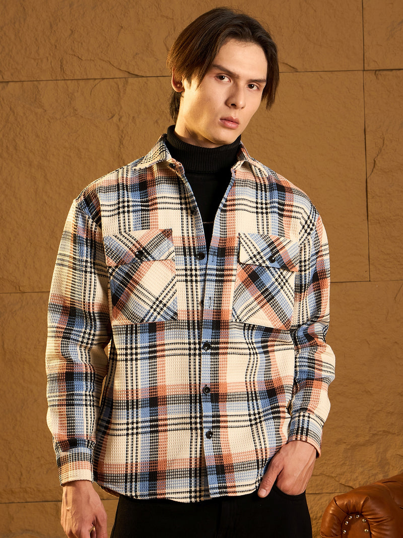Cream Cotton Checked Oversized Shacket
