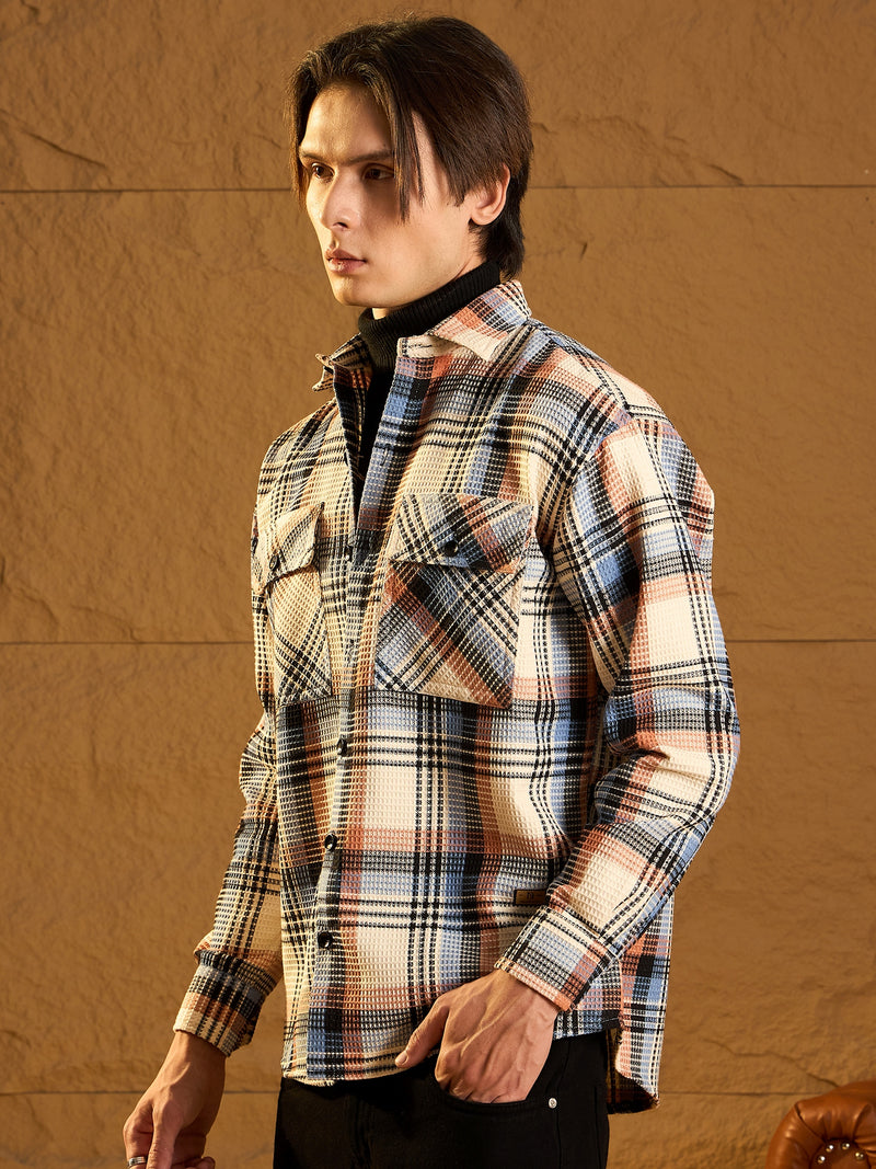 Cream Cotton Checked Oversized Shacket
