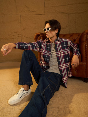 Navy blue double pocket oversized shacket front view