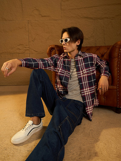 Navy blue double pocket oversized shacket front view