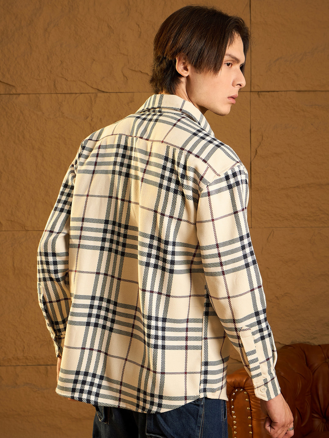 Off White & Black Checked Oversized Cotton Shacket