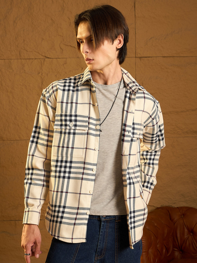 Off White & Black: Checked Oversized Cotton Shacket