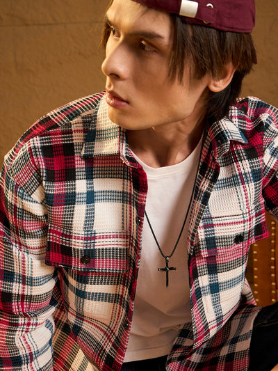 White & Red: Oversized Cotton Checked Shacket