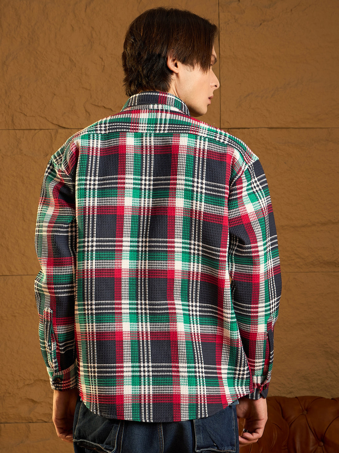 Green Cotton Checked Drop Shoulder Shacket