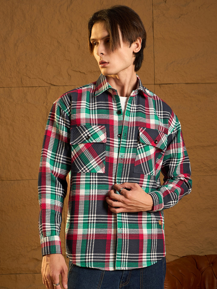 Green Cotton Checked Drop Shoulder Shacket