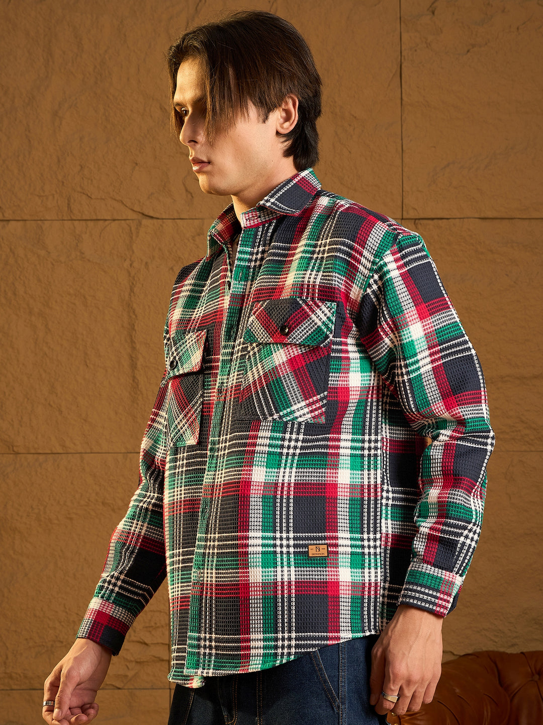 Green Cotton Checked Drop Shoulder Shacket