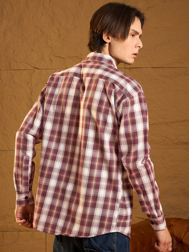 Double Pocket Drop Shoulder Oversized Cotton Checked Shacket