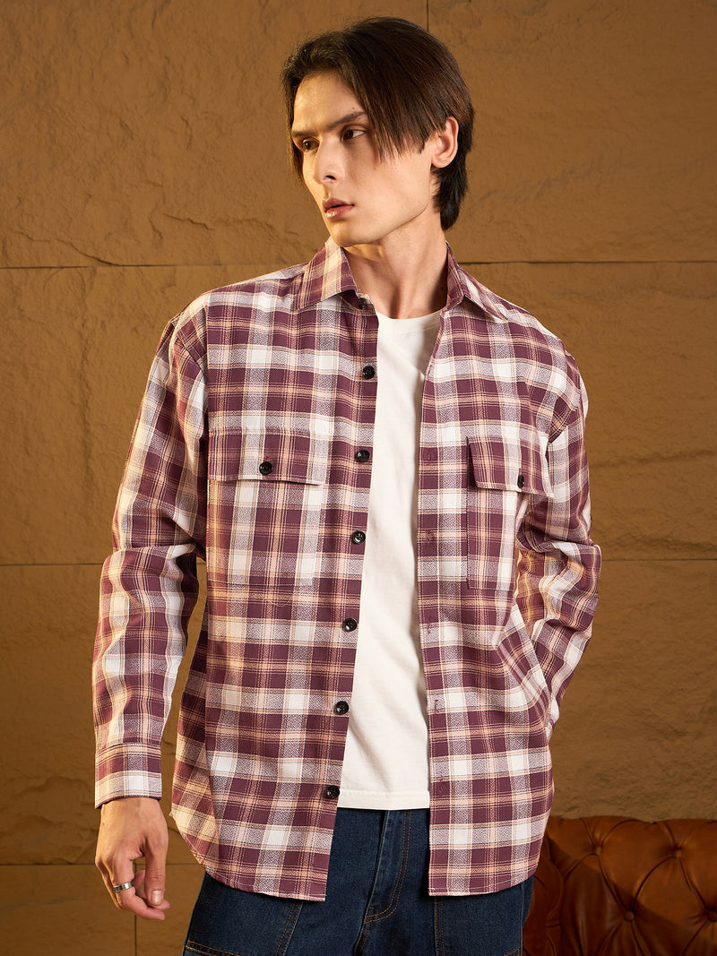 Double Pocket Drop Shoulder Oversized Cotton Checked Shacket