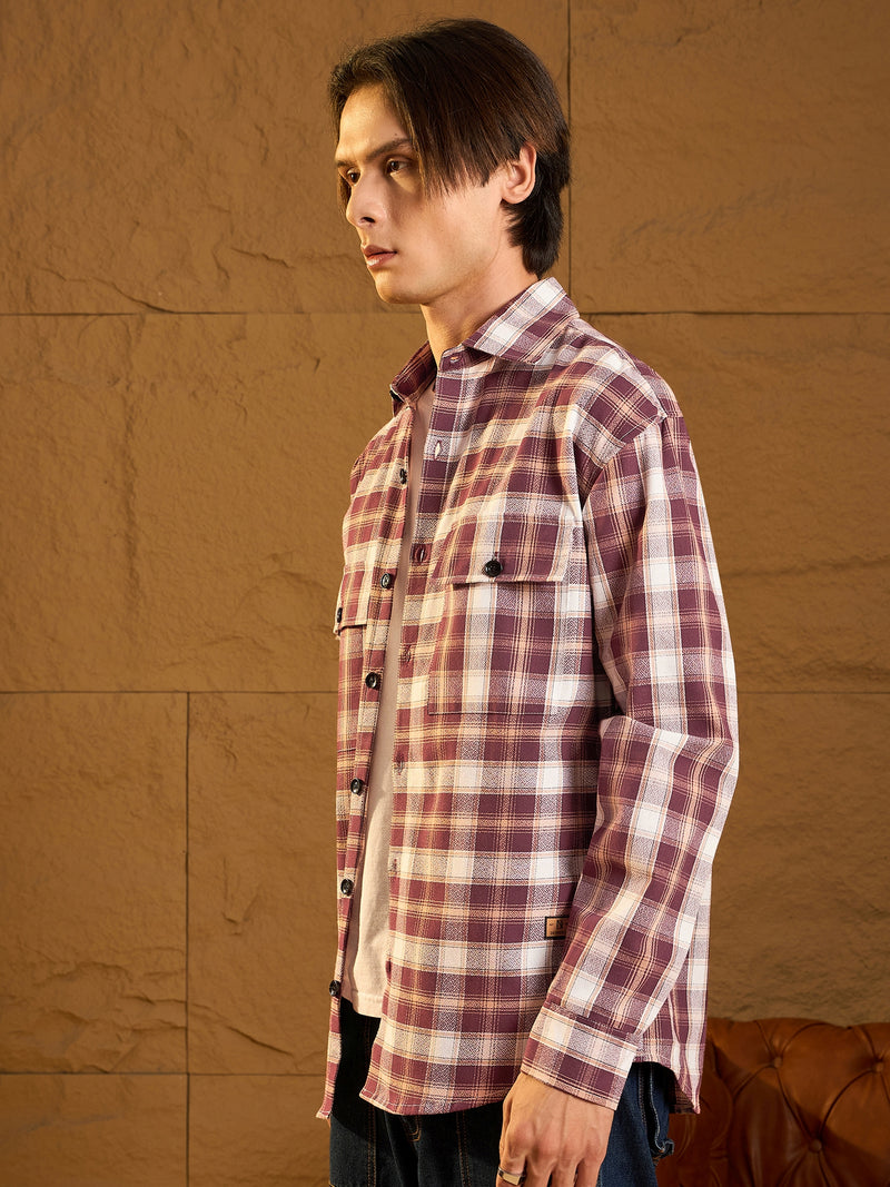 Double Pocket Drop Shoulder Oversized Cotton Checked Shacket
