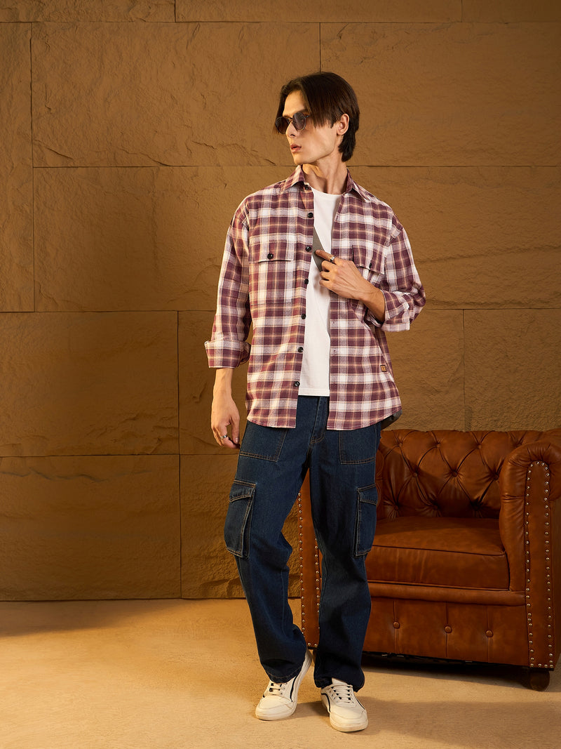 Double Pocket Drop Shoulder Oversized Cotton Checked Shacket
