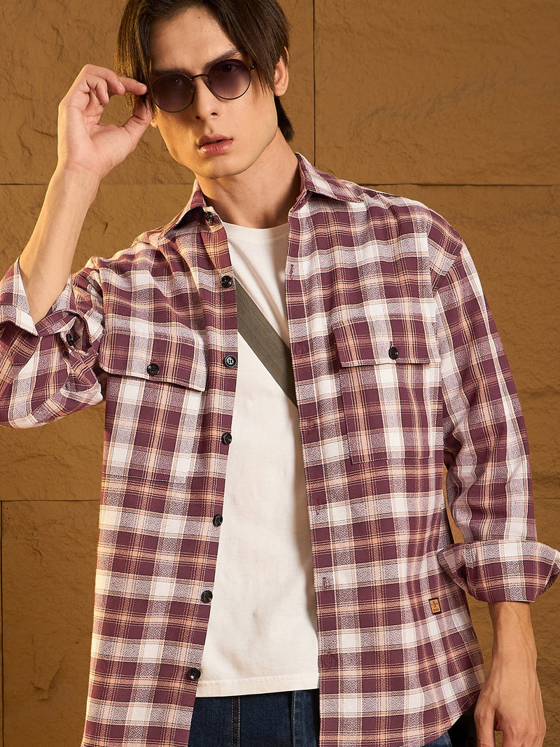 Double Pocket Drop Shoulder Oversized Cotton Checked Shacket