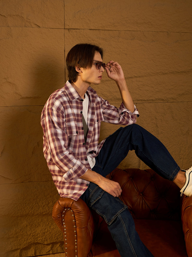 Double Pocket Drop Shoulder Oversized Cotton Checked Shacket