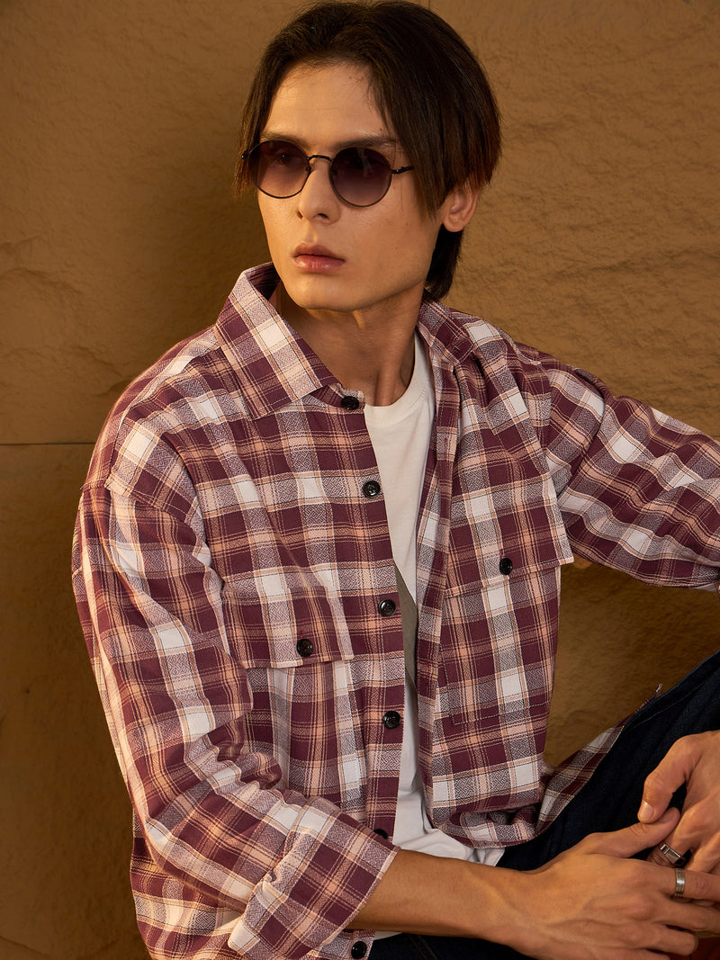 Double Pocket Drop Shoulder Oversized Cotton Checked Shacket