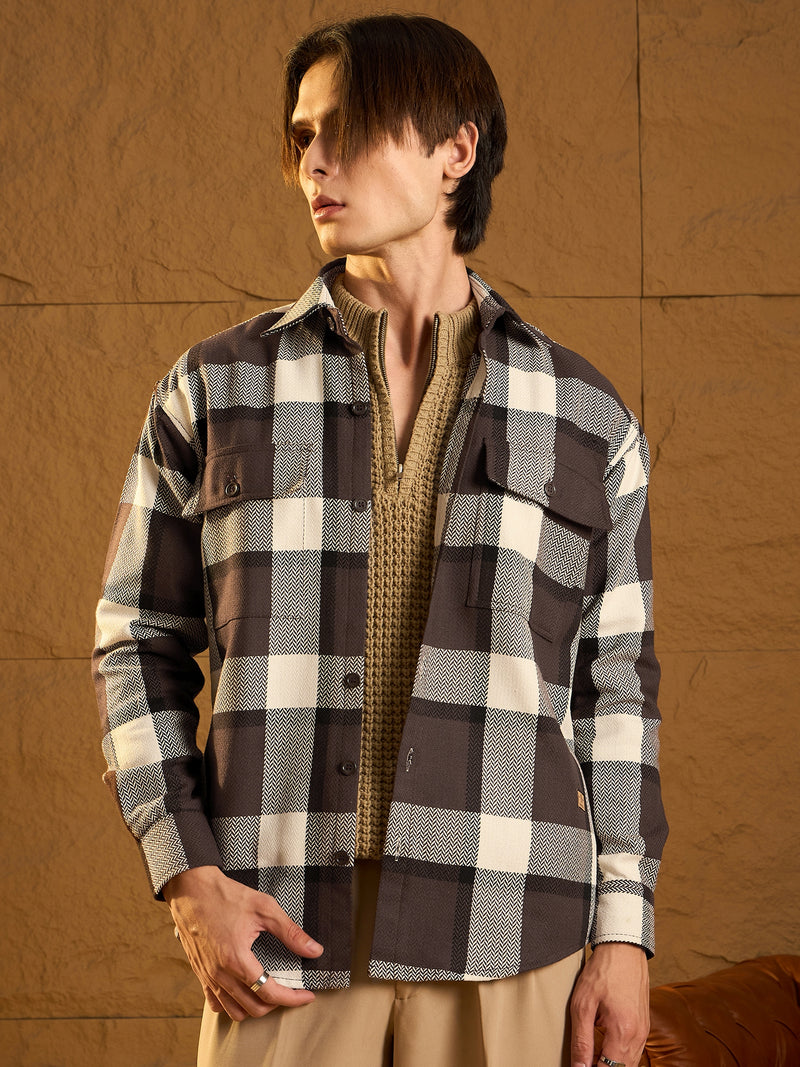 Double Pocket Drop Shoulder Oversized Cotton Checked Shacket