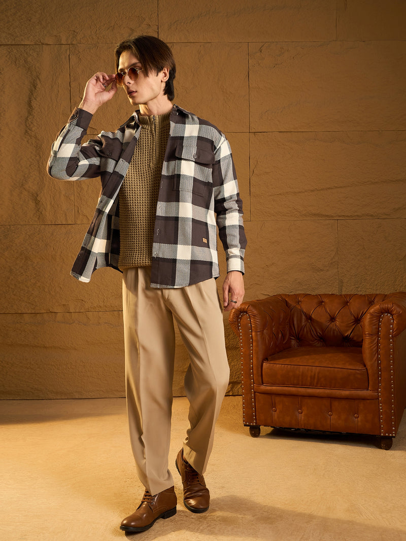 Double Pocket Drop Shoulder Oversized Cotton Checked Shacket