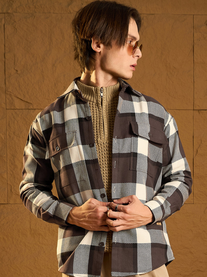 Double Pocket Drop Shoulder Oversized Cotton Checked Shacket