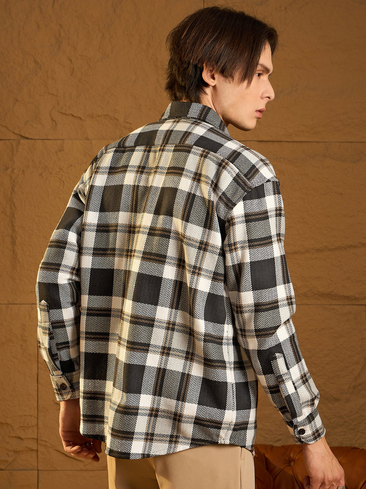 Double Pocket Drop Shoulder Oversized Cotton Checked Shacket