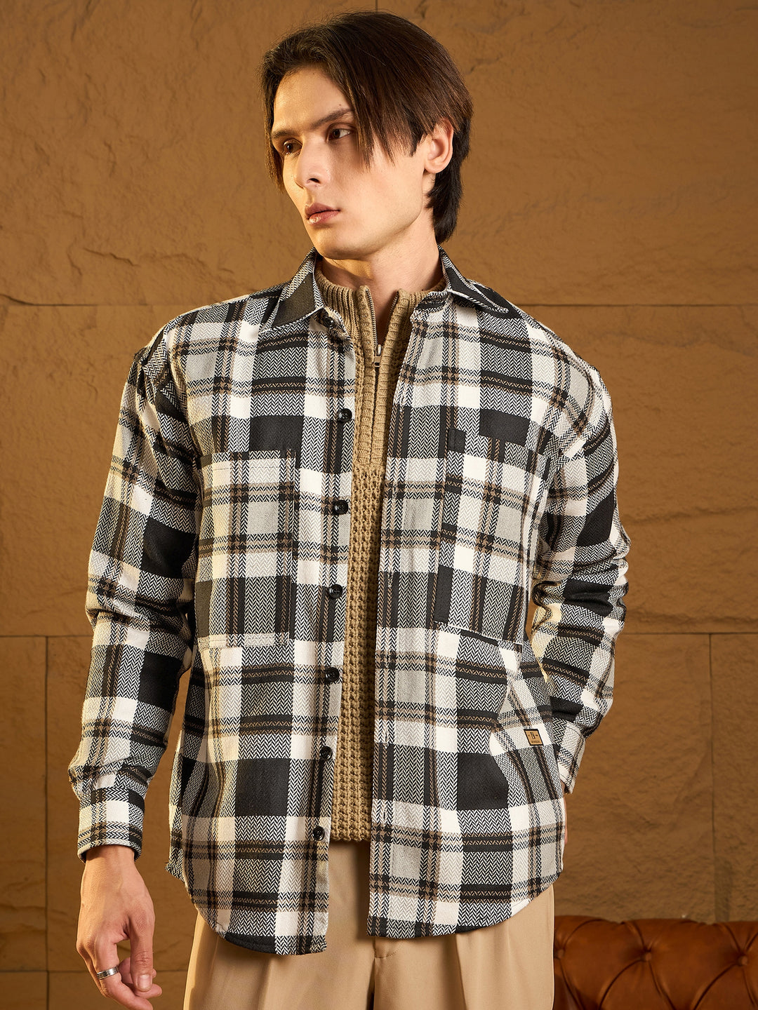 Double Pocket Drop Shoulder Oversized Cotton Checked Shacket