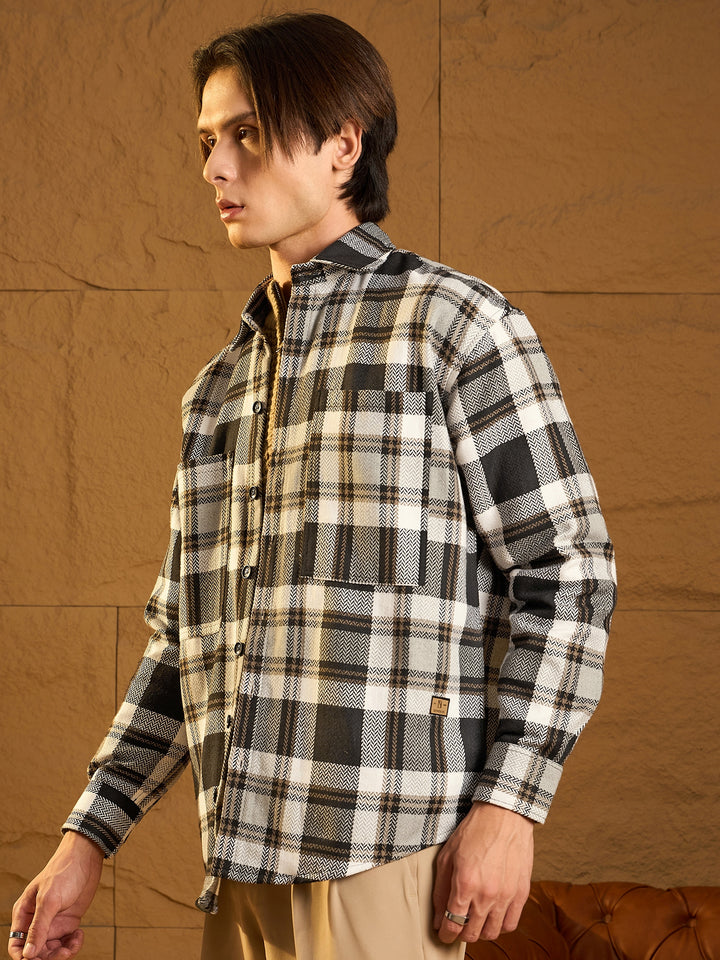 Double Pocket Drop Shoulder Oversized Cotton Checked Shacket