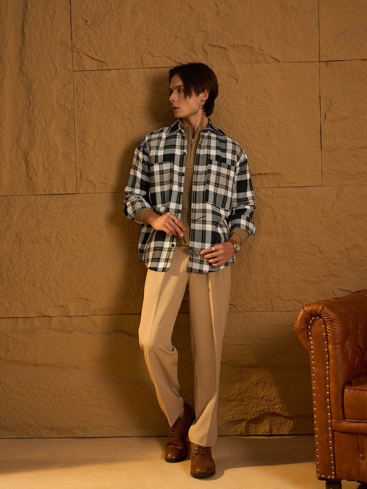 Double Pocket Drop Shoulder Oversized Cotton Checked Shacket