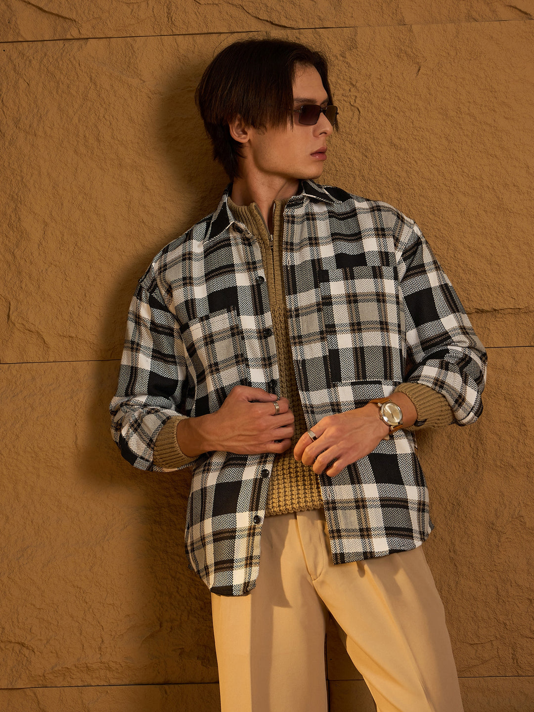 Double Pocket Drop Shoulder Oversized Cotton Checked Shacket