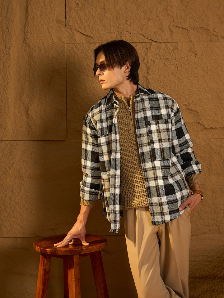 Double Pocket Drop Shoulder Oversized Cotton Checked Shacket