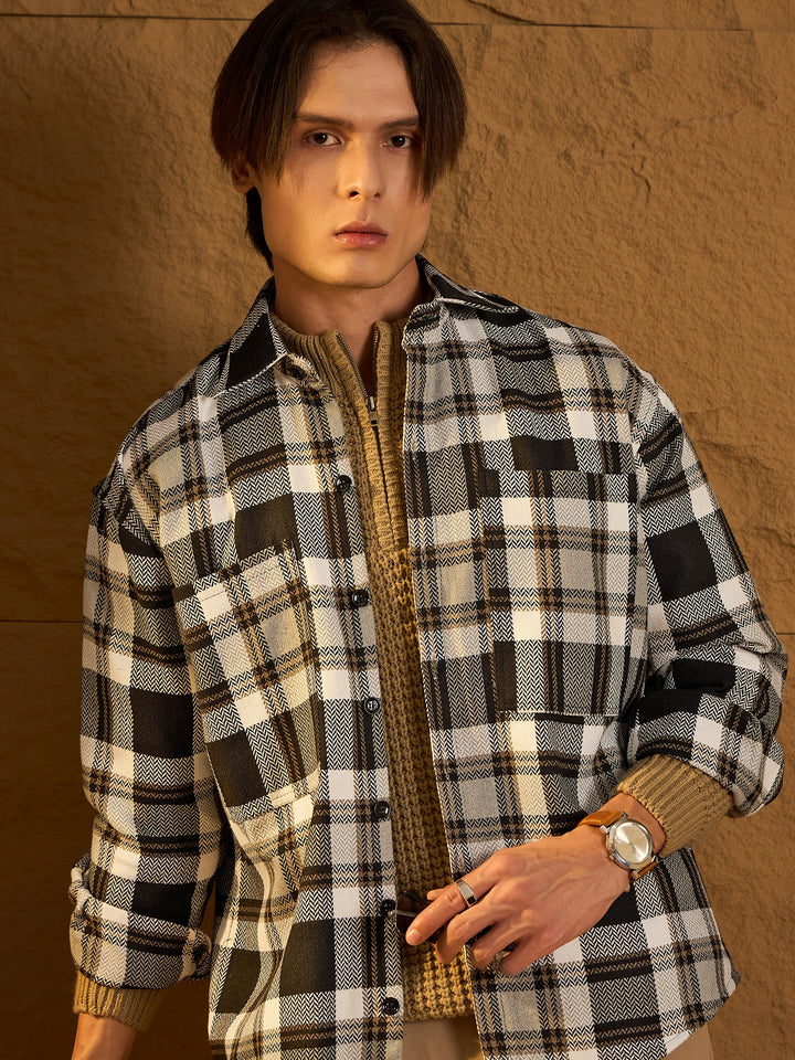 Double Pocket Drop Shoulder Oversized Cotton Checked Shacket