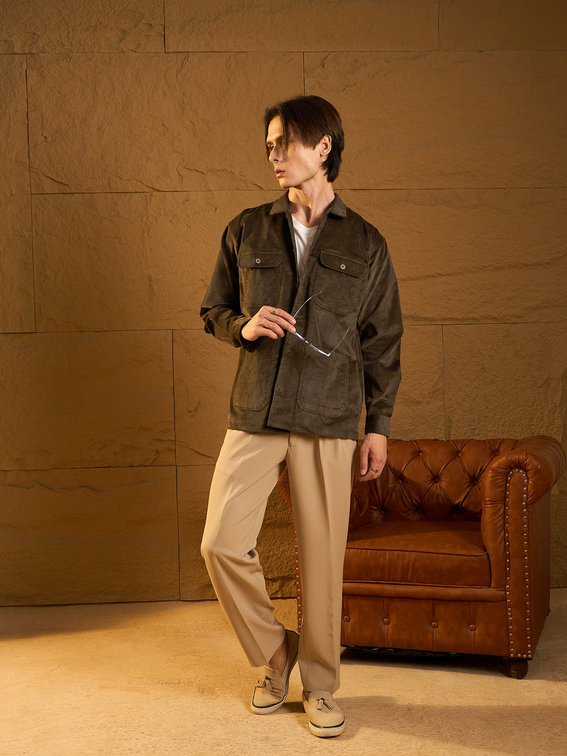 Dark brown corduroy oversized shacket front view