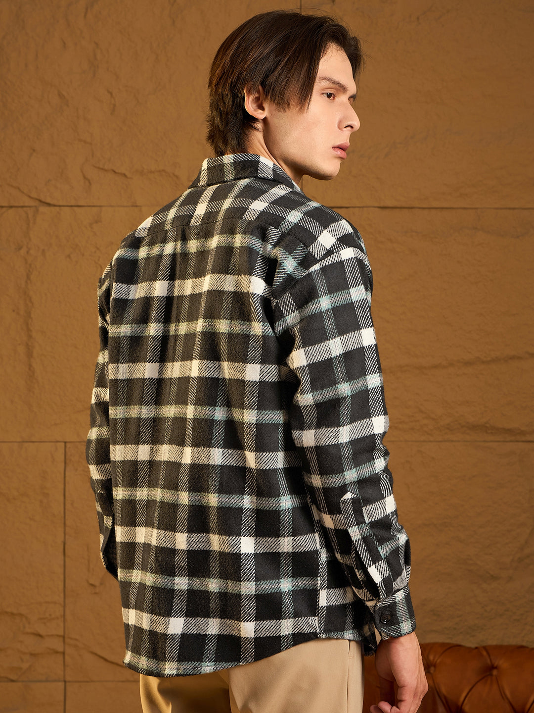 Double Pocket Drop Shoulder Oversized Cotton Checked Shacket