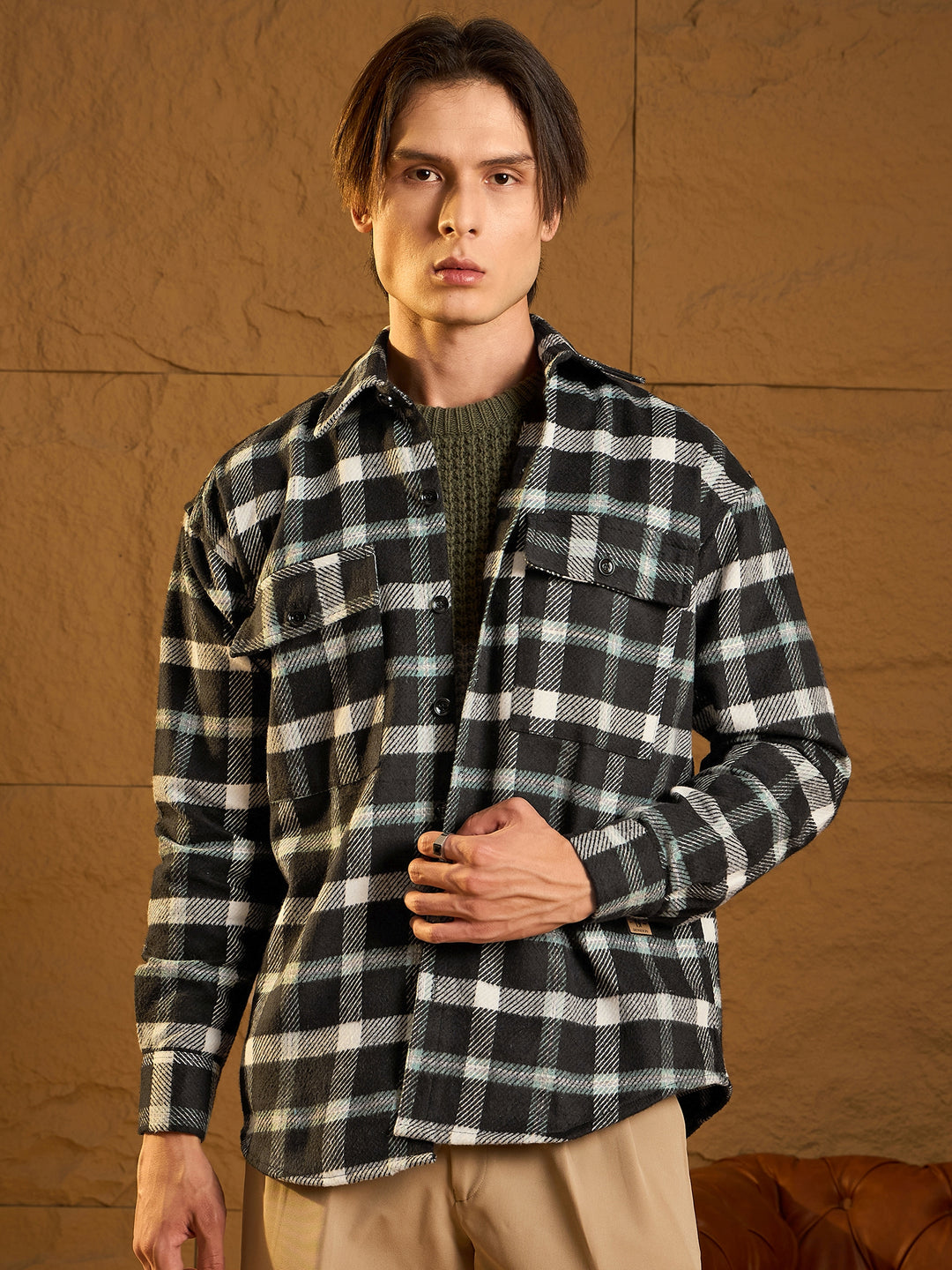 Double Pocket Drop Shoulder Oversized Cotton Checked Shacket