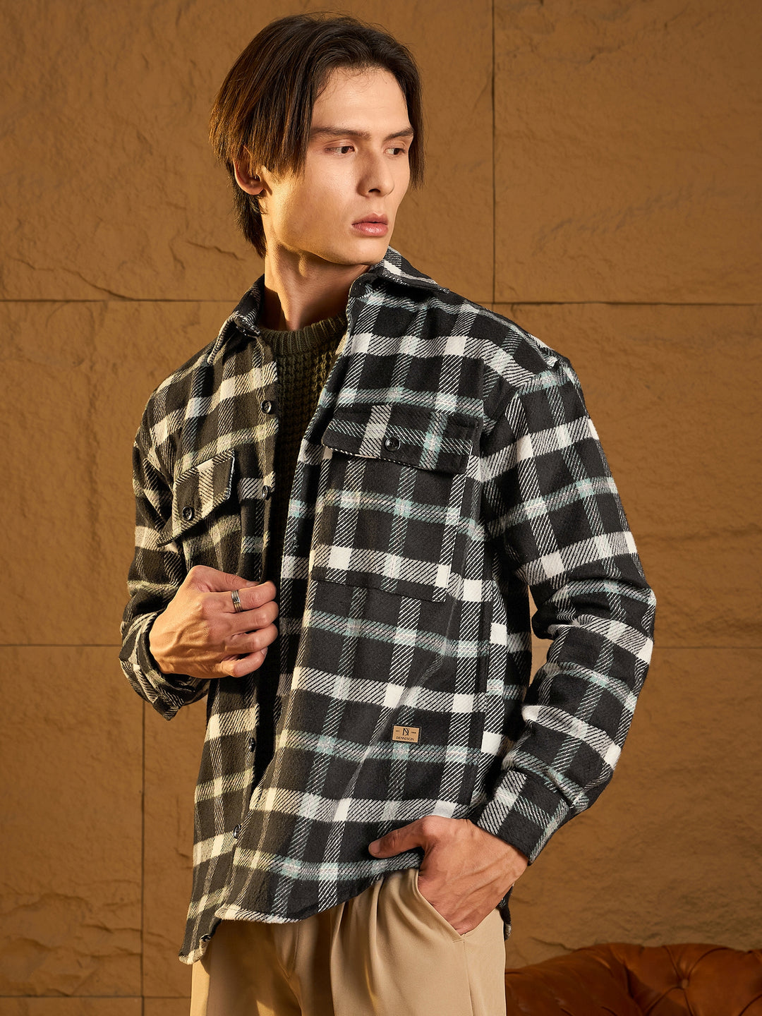 Double Pocket Drop Shoulder Oversized Cotton Checked Shacket