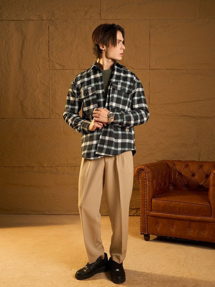 Double Pocket Drop Shoulder Oversized Cotton Checked Shacket