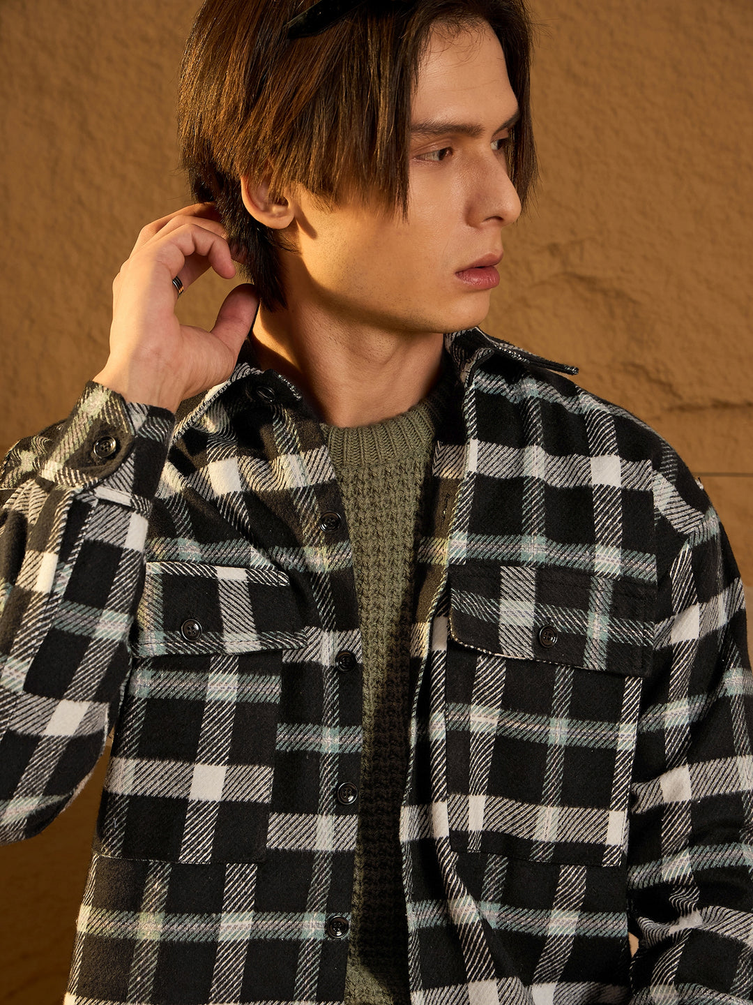 Double Pocket Drop Shoulder Oversized Cotton Checked Shacket