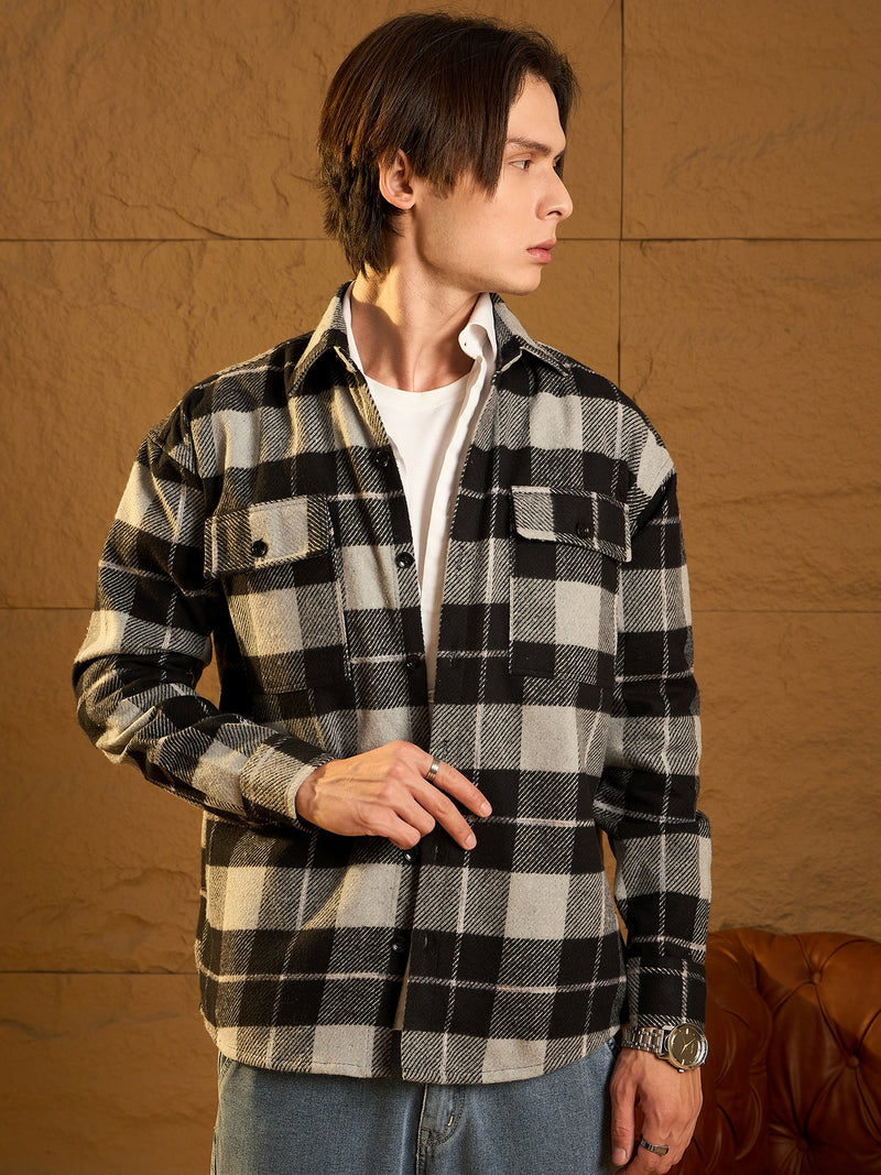 Black: Checked Oversized Cotton Shacket