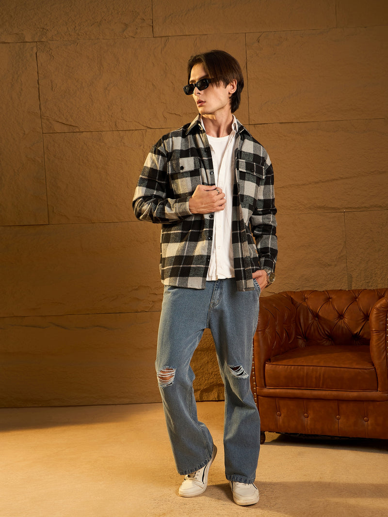 Black: Checked Oversized Cotton Shacket