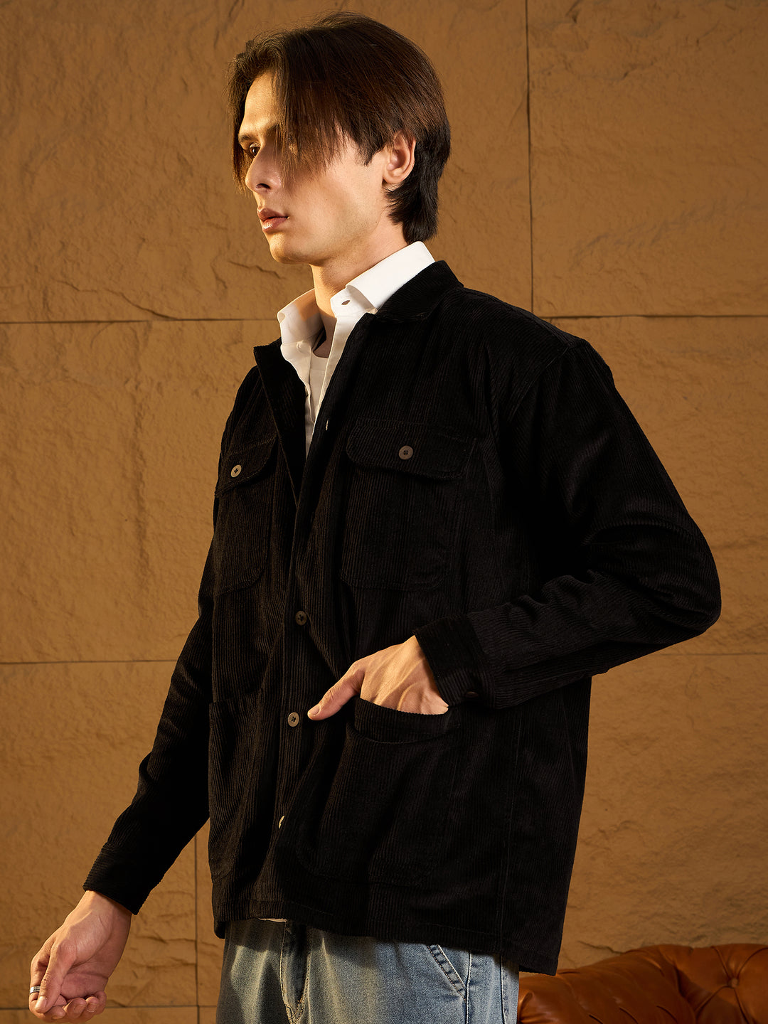 Black Four Pocket Corduroy Oversized Shacket