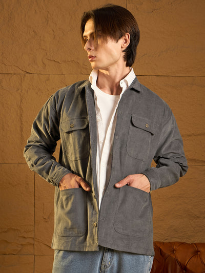 Grey corduroy oversized shacket front view
