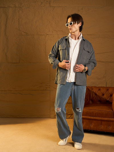 Grey corduroy oversized shacket front view