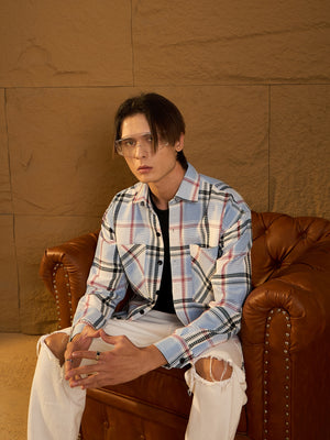 Sky blue cotton oversized shacket front view