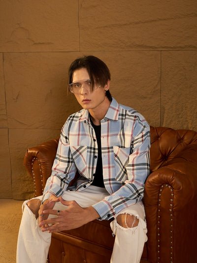 Sky blue cotton oversized shacket front view