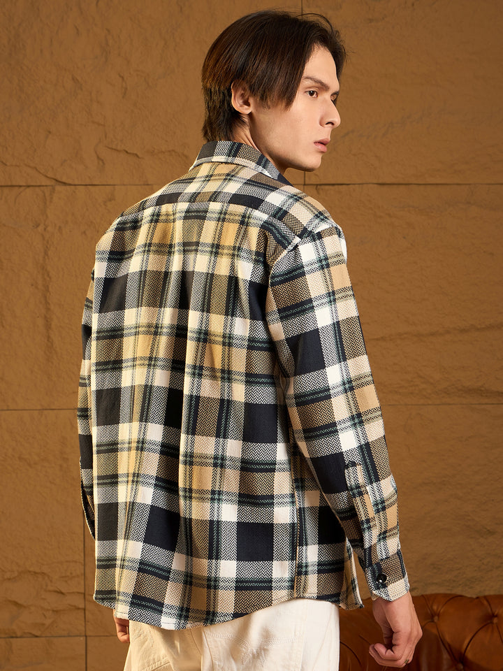 Double Pocket Drop Shoulder Oversized Cotton Checked Shacket