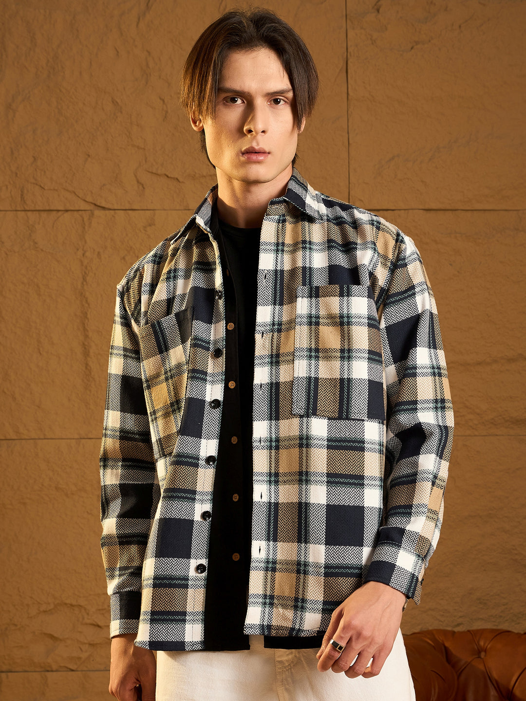 Double Pocket Drop Shoulder Oversized Cotton Checked Shacket