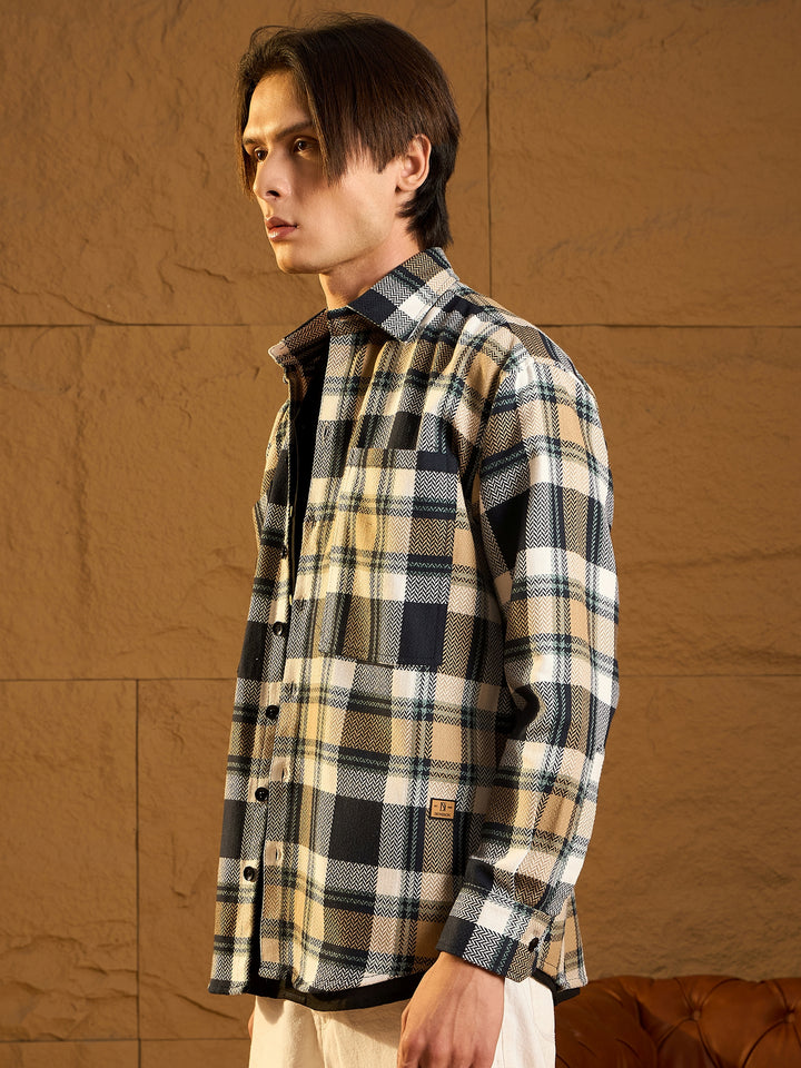 Double Pocket Drop Shoulder Oversized Cotton Checked Shacket